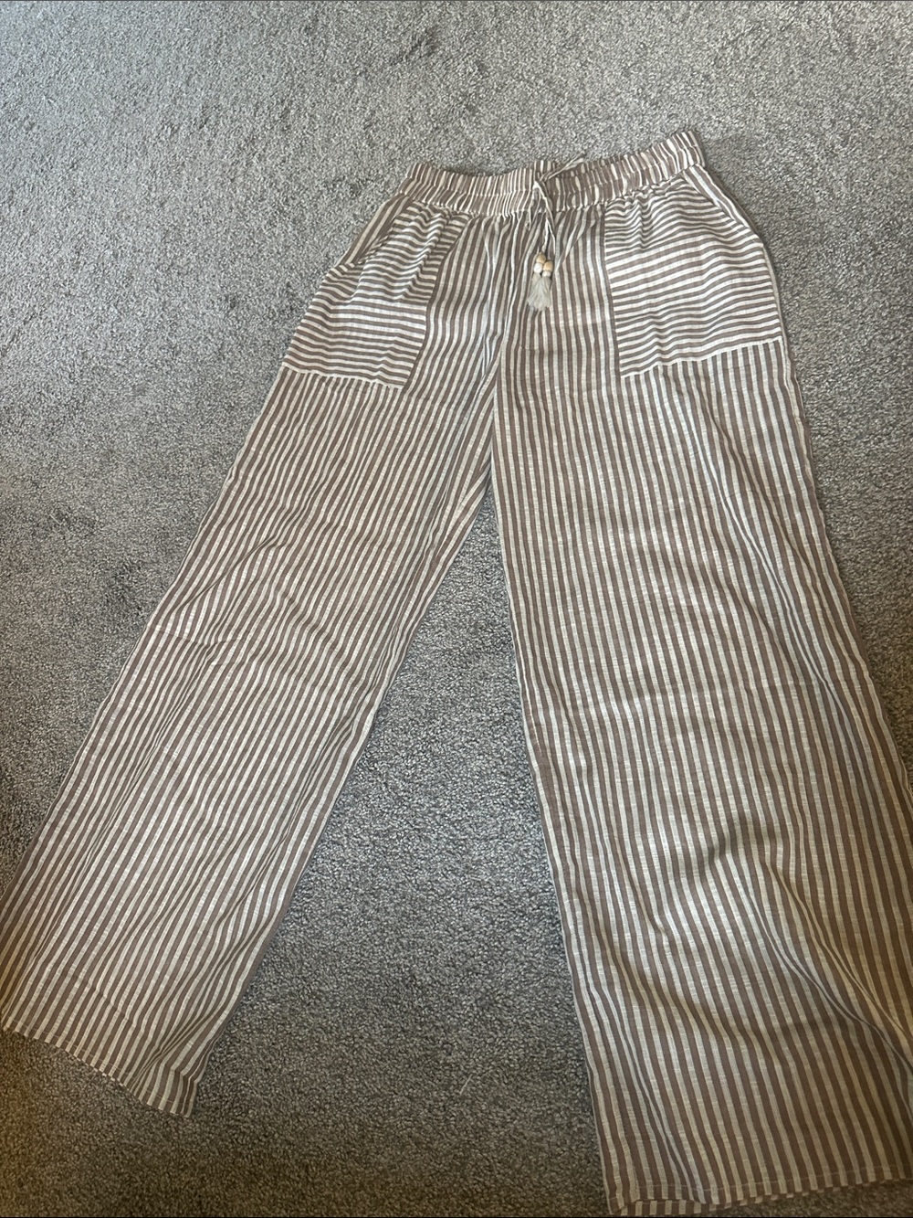 Casual Linen-Blend Striped Drawstring womens Pants - Taupe & White
